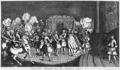 Intento de asesinato del rey Luis XV (1710-74) por Robert François Damiens el 5 de enero de 1757 de French School