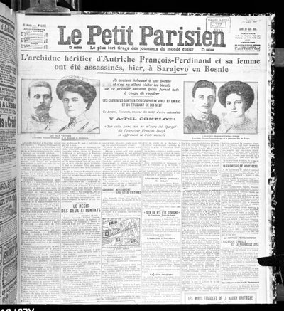 Asesinato del Archiduque Francisco Fernando de Austria (1863-1914) y su esposa, de Le Petit Parisien, 29 de junio de 1914 de French School