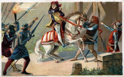 Asesinato de Etienne Marcel, rico pañero y Prévôt des marchands (1316-1358) por el échevin Jean Maillart, uno de los líderes del partido realista, en julio de 1358. Cromolitografía de finales del siglo XIX de French School