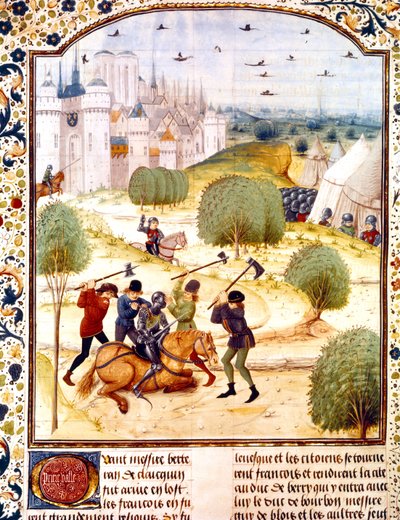 Asesinato de un caballero inglés en las afueras de París en 1437 (guerra de los 100 años) iluminación de las Crónicas de Inglaterra escritas por Jean de Wavrin de French School