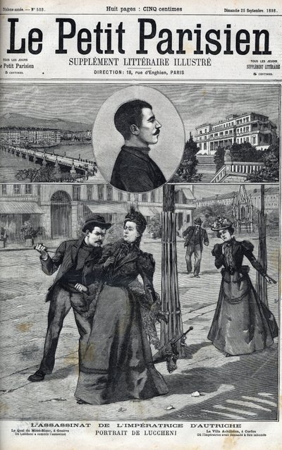 Asesinato de la Emperatriz Isabel de Austria (Sissi) por el anarquista italiano Luccheni en Ginebra en 1898. Portada de “Le petit Parisien” de 1898 - El asesinato de la Emperatriz Isabel de Austria (Sissi) por el anarquista italiano Luigi Lucheni, en Gineb de French School