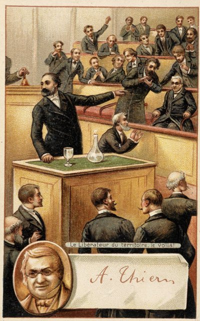 Asamblea aclamando a Thiers, "liberador del territorio" y retrato en medallón - cromo., finales del siglo XIX de French School