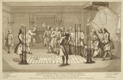 Asamblea de masones libres antes de la iniciación de un maestro, de Las ceremonias de religión y costumbre c.1733 de French School