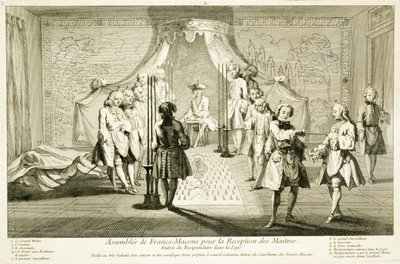 Asamblea de masones libres para la iniciación de un maestro, la entrada del candidato a la logia, de Las ceremonias de religión y costumbre, c.1733 de French School