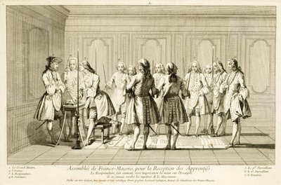 Asamblea de masones libres para iniciar a un aprendiz, de Las ceremonias de religión y costumbre, c.1733 de French School