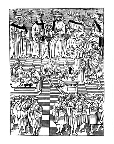 Asamblea de la Prebostía de los Mercaderes de París, después de un grabado en Ordannances Royaux de la Jurisdiction de la Prevote de Marchands et Eschevinage de la Ville de Paris de Jacques Nyverd de French School