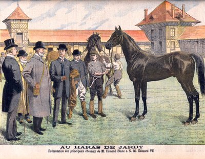 En la granja de cría Jardy fuera de París (Marnes-la-Coquette). El criador Edmond Blanc mostrando sus mejores caballos al Rey Eduardo VII. Presentación de los principales caballos de Edmond Blanc a SM Eduardo VII (1841-1910). Ilustración para Le Petit Jour de French School