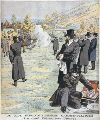 En la frontera española, duelo entre Paul Deroulede y Jean Jaures, ilustración de Le Petit Journal: Supplement illustre, 18 de diciembre de 1904 de French School