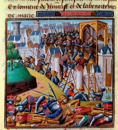 Ataque a una ciudad fortificada Miniatura de "Le miroir historial" (Speculum Historiale) de Vincent de Beauvais (1190-1264) traducida al francés por Jean de Vignay. de French School