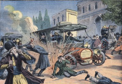 Atentado contra el Shah de Persia Mohammad Ali Shah Qajar (1872-1925). Grabado del periódico "Le Petit Parisien" de French School