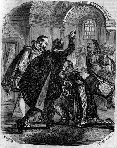 Intento de asesinato de Jean Chastel (1575-1594) al rey de Francia Enrique IV el 27 de diciembre de 1594. Grabado del siglo XIX. de French School