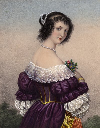 Chica atractiva con vestido púrpura con adornos de encaje de French School