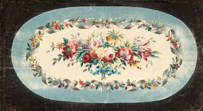 Diseño de Aubusson para el respaldo de un sofá o asiento con ramos de flores mixtas dentro de bordes con cintas y flores de French School