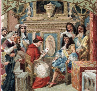 Audiencia dada al legado en la sala del rey (¿Luis XIV?) en el castillo de Versalles. Cromolitografía de finales del siglo XIX de French School