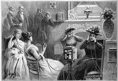 Audición del Teatrófono (audiciones teatrales en casa) en el salón de un gran hotel en París en 1892. de French School