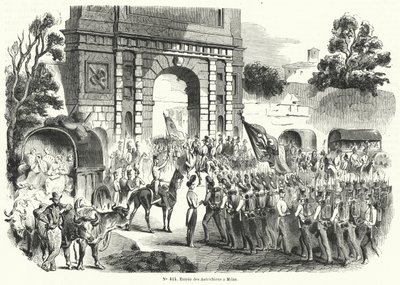 Tropas austriacas entrando en Milán, Italia, 6 de agosto de 1848 (grabado) de French School