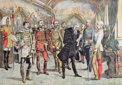 Crisis austrohúngara - recepción de magnates húngaros por el emperador Francisco José, ilustración de Le Petit Journal, 15 de octubre de 1905 de French School