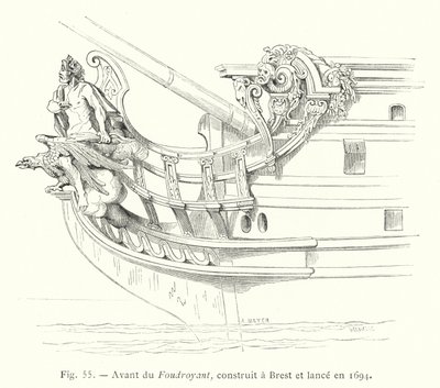 Proa del Foudroyant, construido en Brest y lanzado en 1694 de French School