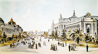Avenida Nicolás II mostrando el Gran Palais y el Petit Palais durante la Exposición Universal en París, ilustración de 