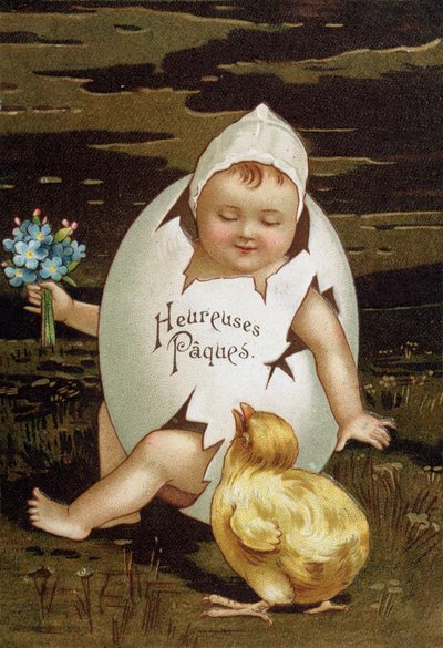 Bebé en un huevo junto a un pollito - tarjeta de felicitación para Pascua de French School