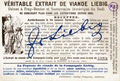 Parte trasera de la tarjeta Liebig con la receta de alcachofas con salsa marrón. Cromolitografía publicitaria de French School