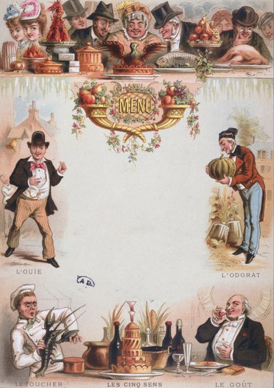 Impresión de fondo para un menú que representa los cinco sentidos, finales del siglo XIX de French School