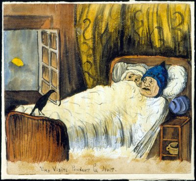 Mal augurio: una visita nocturna (una pareja mirando un cuervo) de French School