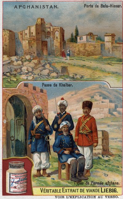 Puerta de Bala-Hissar en Afganistán y soldados del ejército afgano en el cruce de Khaiber. Cromolitografía publicitaria del siglo XIX. de French School