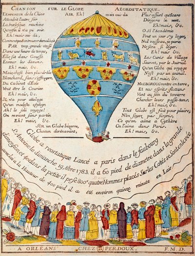 Vuelo en globo: experiencia de los hermanos Montgolfier el 19 de octubre de 1783 en el jardín de Monsieur Reveillon, faubourg Saint Antoine en París. Grabado de época. París, B.N. de French School