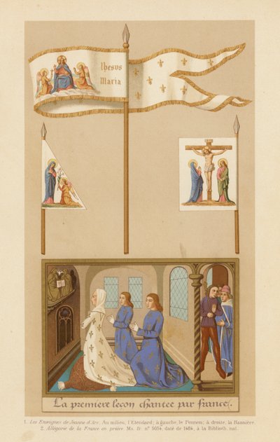 Estandartes de Juana de Arco y alegoría de Francia en oración (chromolitho) de French School