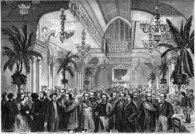 Banquete del periódico "Le Figaro", dado el 6 de febrero de 1864 en el salón del Restaurante del Passage des Princes en París, al que asisten periodistas, escritores, artistas... Están presentes, de izquierda a derecha: Nestor Roqueplan, Mme Ugalde, de Mon de French School