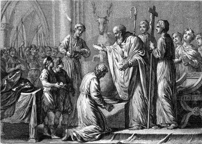 Bautismo de Clodoveo I, 25 de diciembre de 496: el rey de los francos (466-511) es bautizado por San Remigio (437-533), obispo de Reims, en la iglesia de San Martín. Grabado del siglo XVIII. de French School