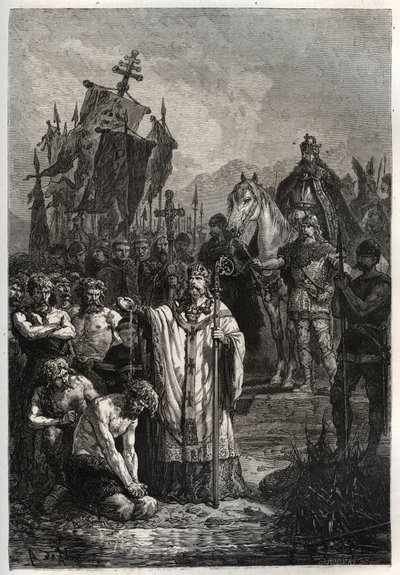 Bautismo del líder sajón pagano Widukind bajo la presión del emperador Carlomagno - Carlomagno impone el bautismo a los sajones - Conversión de Widukind ante Carlomagno en 785 - grabado de “L