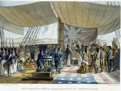 Bautismo de nativos de las Islas Sandwich a bordo del Urania, principios del siglo XIX de French School