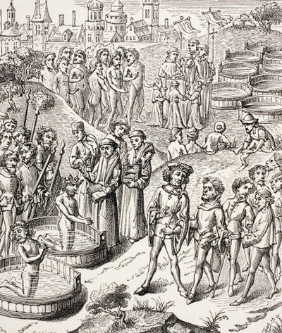 Bautismo de los sajones conquistados por Carlomagno, de Vida Militar y Religiosa en la Edad Media por Paul Lacroix, publicado en Londres c.1880 de French School