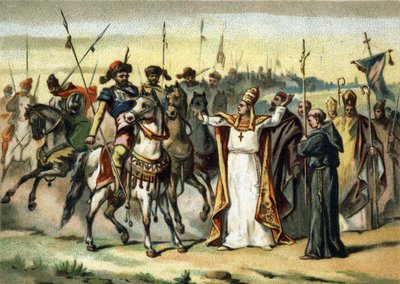 Invasiones bárbaras - Atila y San León I el Grande: el bárbaro Atila, líder de los hunos, se encuentra con el Papa San León el Grande, quien logró convencerlo de perdonar a Italia. Cromolitografía de finales del siglo XIX de French School