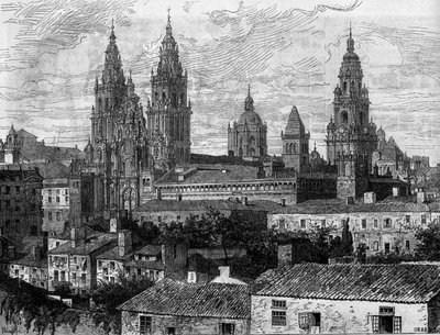 Arte barroco: vista de la Catedral de Santiago de Compostela. España. Grabado en “Le Monde Illustré” n°1220 del 14 de agosto de 1880. de French School