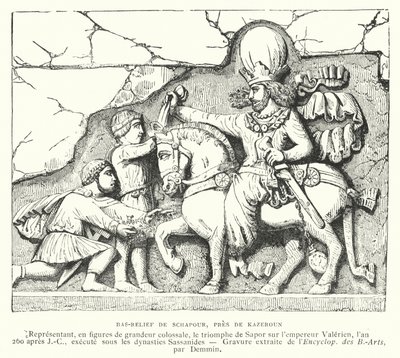 Bajorrelieve cerca de Kazerun, Irán, que representa la victoria del rey sasánida Shapur I sobre el emperador romano Valeriano en la Batalla de Edesa, 260 de French School