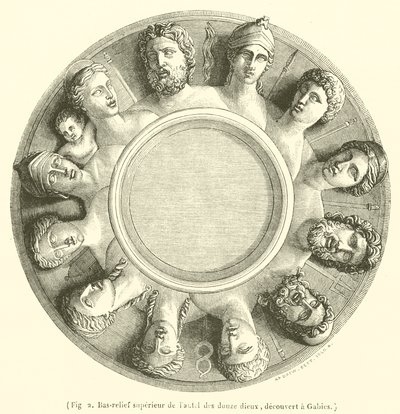 Bajorrelieve superior del altar de los doce dioses, descubierto en Gabies (grabado) de French School