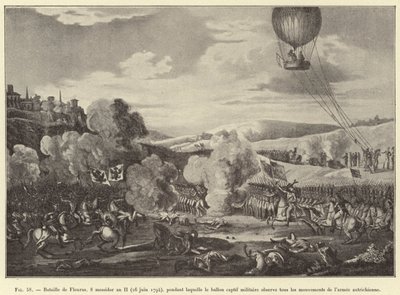 Batalla de Fleurus, 8 mesidor año II (26 junio 1794), durante la cual el globo cautivo militar observa todos los movimientos del ejército austríaco de French School