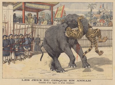 Batalla entre un elefante y un tigre en un circo en Annam, Indochina (litografía en color) de French School