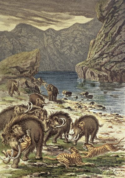 Batalla entre mamuts y tigres dientes de sable, de Le Monde Avant la Création d
