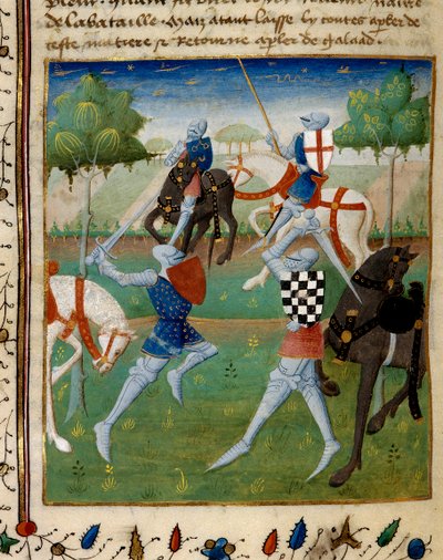 Batalla entre el caballero Palamede y Artus (o Arturo) la pequeña Miniatura tomada del manuscrito "La novela de Tristan" dirigida al Maestro Charlkes de Maine de French School