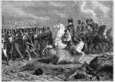 Batalla de Arcis-sur-Aube, 20-21/3/1814 - un proyectil explota bajo el caballo del emperador Napoleón - Batalla de Arcis-sur-Aube (Arcis sur Aube) 20 y 21 de marzo de French School