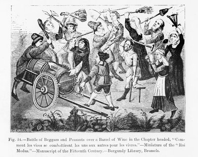 Batalla de mendigos y campesinos por un barril de vino, del Libro del Rey Modus, ilustración de Ciencia y Literatura en la Edad Media y el Renacimiento, escrito y grabado por Paul Lacroix de French School