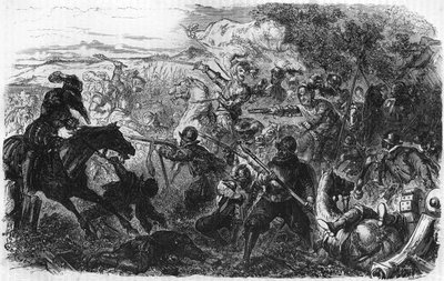 Batalla de Coutras en 1587, ganada por Enrique de Navarra, futuro Enrique IV. En “Histoire Populaire de la France”, circa 1885. Grabado. de French School