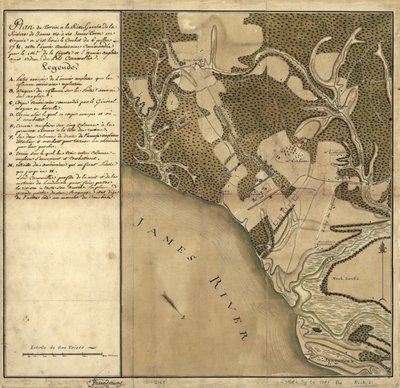 Batalla de Green Spring, Mapa del terreno en la orilla izquierda del río James frente a Jamestown en Virginia donde tuvo lugar la batalla del 6 de julio. de French School