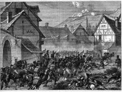 Batalla de Laon, 9-19 de marzo de 1814 (victoria aliada bajo Blucher sobre Napoleón I) - Batalla de Laon, Mariscal Ney, a la cabeza de una división, toma el suburbio de Semilly - en "Historia del imperio en suite a la historia del consulado" por Adolphe Th de French School