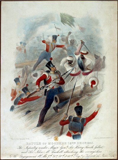 Batalla de Moodkee, 18 de diciembre de 1845, No. 4 de Guerra en el Punjab, grabado por W. Kohler después de LEnfant Bros., publicado por William Spooner, c.1845 de French School