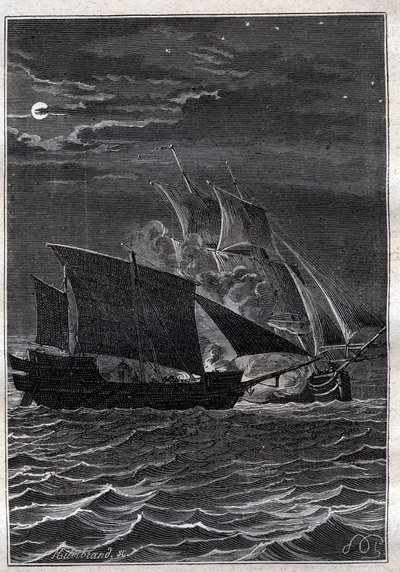 Batalla del Golondrina y un barco pirata malayo: El barco Golondrina de Philip Carteret o Philippe de Carteret (1733-1796) luchó con un barco pirata malayo en las aguas de Indonesia en 1767 - ilustración de “Los Grandes Marineros del siglo XVIII” de French School